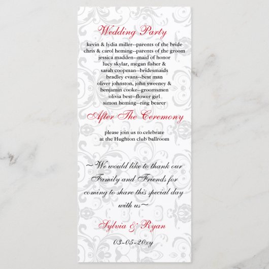 Damask zwart rood MONOGRAM Trouwprogramma Programma (Achterkant)