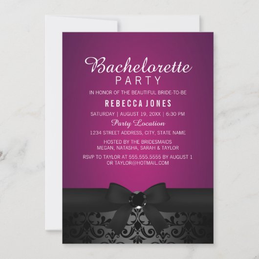Damask Zwart & Roze Strik Jubileum Uitnodiging (Voorkant)