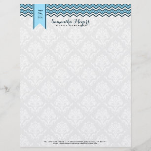 Damasks en Chevron blauw en wit Briefhoofd Ontwerp