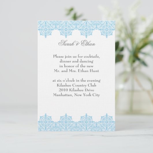 Damaslicht blauwe bruiloft informatiekaartje (Staand voorkant)