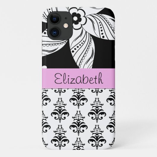 DamasPatroon, zwart-wit Damask, Jouw naam Case-Mate iPhone Case (Achterkant)
