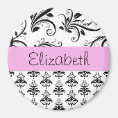 DamasPatroon, zwart-wit Damask, Jouw naam Magneet (Voorkant)