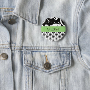 DamasPatroon, zwart-wit Damask, Jouw naam Ronde Button 5,7 Cm