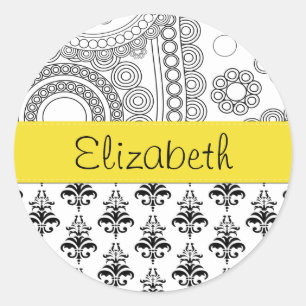 DamasPatroon, zwart-wit Damask, Jouw naam Ronde Sticker