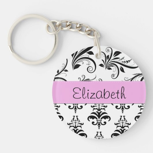 DamasPatroon, zwart-wit Damask, Jouw naam Sleutelhanger (Voorkant)