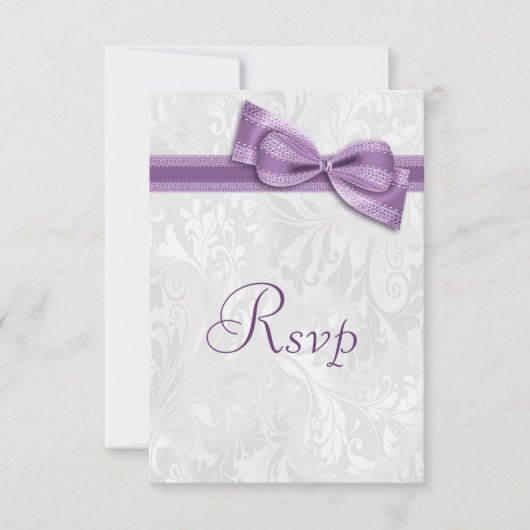 Damassé blanc et ruban bow faux violet RSVP (Devant)