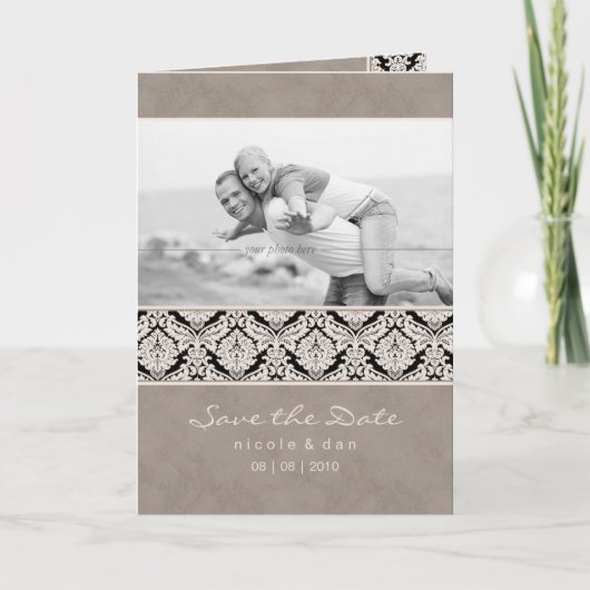 Damassé de beige de carte de voeux de faire-part (Devant)