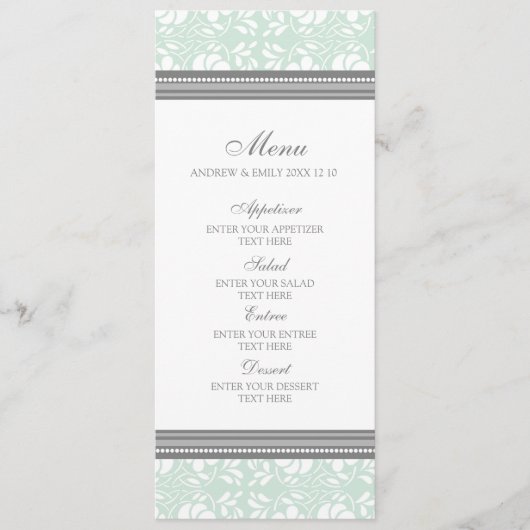 Damassé florale grise de menthe de menu de mariage (Devant)