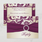 Damassé prune et taupe avec RSVP ruban IMPRIMÉ (Devant / Derrière)