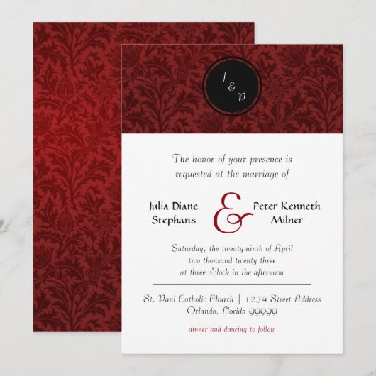 Damassé rouge - Invitation de mariage (Devant / Derrière)
