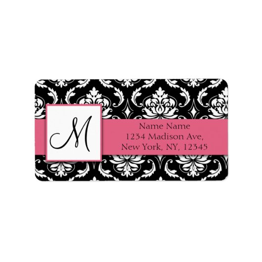Damast Adres Label Honeysuckle Pink Monogram (Voorkant)