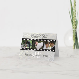 Damast bedankkaartjes, trouwfoto's+monogram bedankkaart
