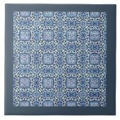 Damast Blauw en Wit Intricate Decoratief Patroon Tegeltje (Voorkant)
