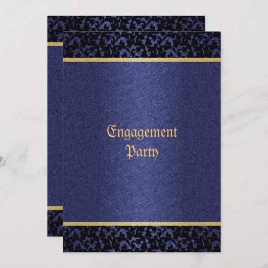 Damast blauw goud elegante trouwfeest kaart (Voorkant / Achterkant)