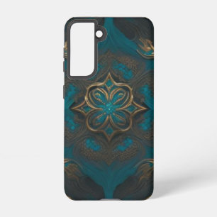Damast Bloem Blauw Zwart Goud Samsung Galaxy Hoesje