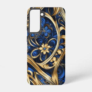 Damast Bloemen Swirls Blauw Goud Zwart Samsung Galaxy Hoesje