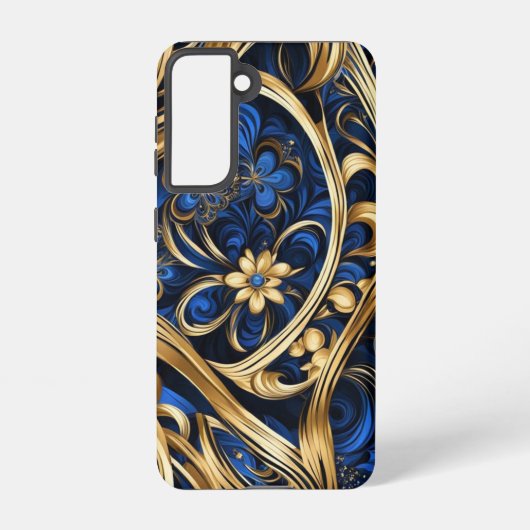 Damast Bloemen Swirls Blauw Goud Zwart Samsung Galaxy Hoesje (Achterkant)