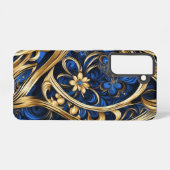 Damast Bloemen Swirls Blauw Goud Zwart Samsung Galaxy Hoesje (Achterkant horizontaal)