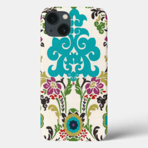 Damast Bloempatronen Prum Turquoise iPhone 13 Hoesje