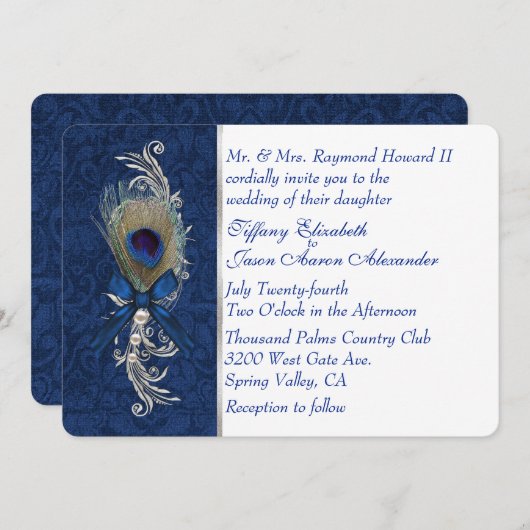 Damast en pauwenveer bruiloft uitnodiging (Voorkant / Achterkant)