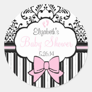  damast en strepen roze Baby shower Ronde Sticker