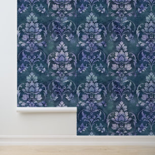 Damast luxe textuur van blauwe decoratieve bloem behang