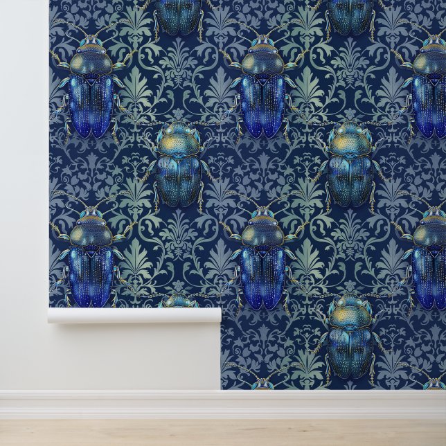 Damast luxe textuur van groen blauw insect bug behang (Applicatie)