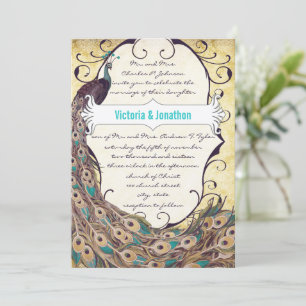 Damast Pauw Elegantie Aubergine Goud en Aqua Kaart