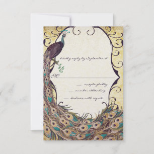 Damast Pauw Elegantie Aubergine Goud en Aqua RSVP Kaartje