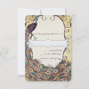 Damast Pauw Elegantie Aubergine Goud en Aqua RSVP Kaartje