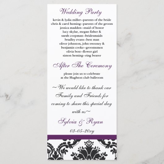 damast rand paarse bruiloft programma (Achterkant)