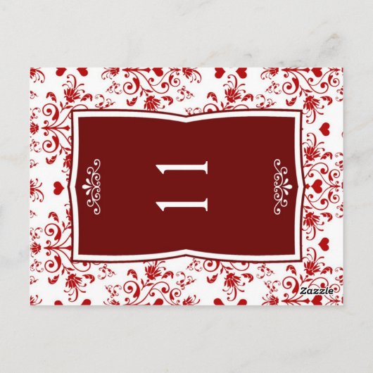 Damast rood op witte bloemen, harten Tafelnummer (Achterkant)