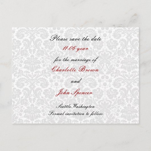 damast rood, zwart en wit Save the Date Aankondigingskaart (Achterkant)