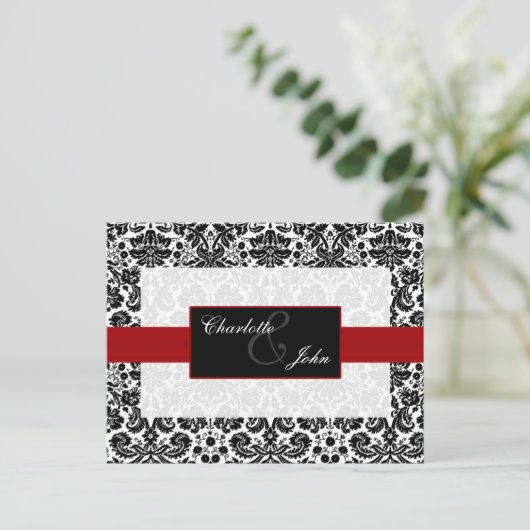 damast rood, zwart en wit Save the Date Aankondigingskaart (Staand voorkant)