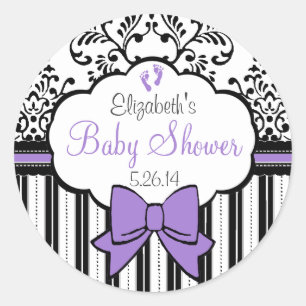  damast, strepen en boog Paarse Baby shower Ronde Sticker