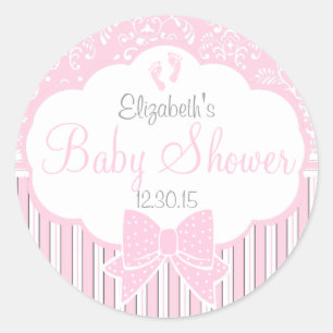 Damast, Strepen Voetafdrukken Roze Baby shower Ronde Sticker