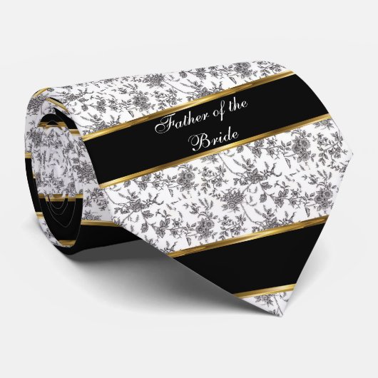 Damast, Vader van de Bruid, Zwart en Goud Stropdas (Opgerold)