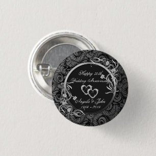 Damast, Zilveren Harten, Bloemige Huwelijksverjaar Ronde Button 3,2 Cm