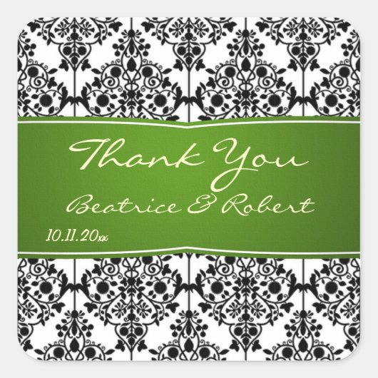 Damast zwart, wit en groen Bruiloft Dank u Vierkante Sticker (Voorkant)