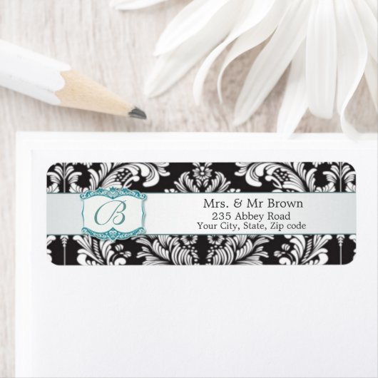 Damast zwart wit Monogram B Bruiloft Avery Etiket (Insitu)