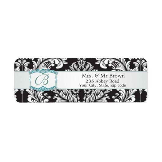 Damast zwart wit Monogram B Bruiloft Avery Etiket (Voorkant)
