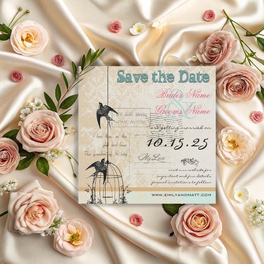 Damasten Vogelkooi Huwelijk Save the Date Roze Gro
