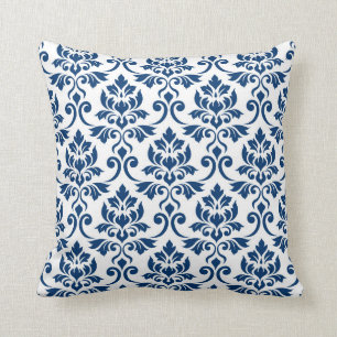 Damastpatroon Feuille donkerblauw op wit Kussen