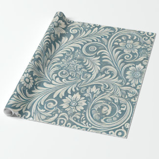 Damastpatroon in zachte blauwe en ivoor tinten cadeaupapier