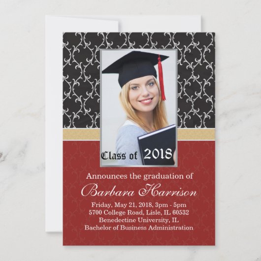 Damaszwart, rood Afstuderen Aankondiging Foto (Voorkant)