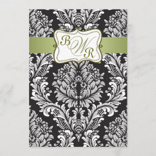 Damaszwart, wit en groen Monogrammen bruiloft Kaart