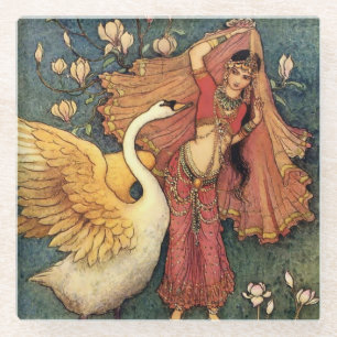 “Damayanti en de zwaan” door Warwick Goble Glazen Onderzetter