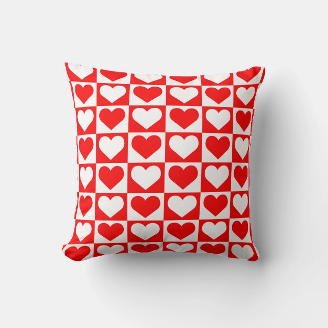 Dambord Harten Patroon - Rood en Wit Kussen (Voorkant)
