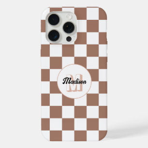 Dambord vierkant mocha bruin wit retro Monogram iPhone 15 Pro Max Hoesje
