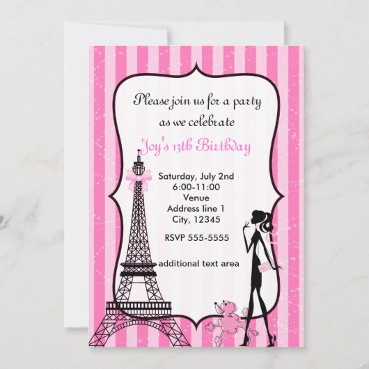 Dame à Paris Tour Eiffel Pink Poodle Invitation (Devant)